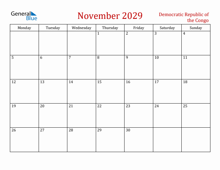 Democratic Republic of the Congo November 2029 Calendar - Monday Start