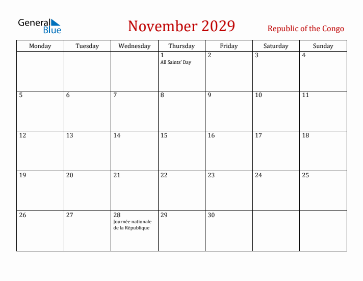 Republic of the Congo November 2029 Calendar - Monday Start
