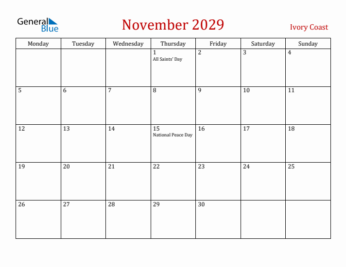 Ivory Coast November 2029 Calendar - Monday Start