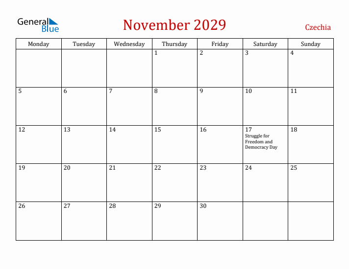 Czechia November 2029 Calendar - Monday Start