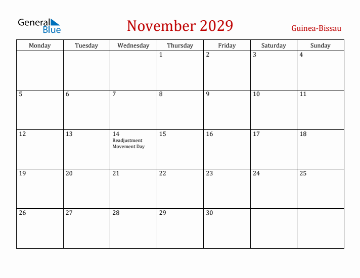 Guinea-Bissau November 2029 Calendar - Monday Start