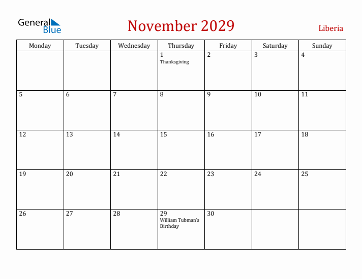 Liberia November 2029 Calendar - Monday Start