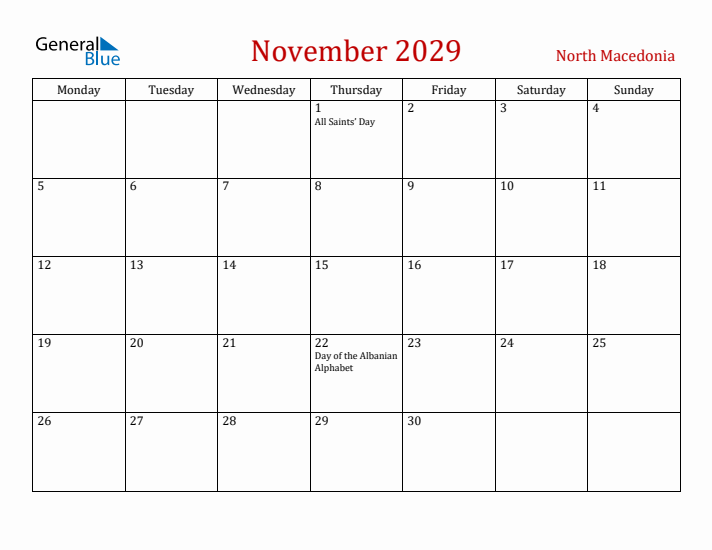 North Macedonia November 2029 Calendar - Monday Start