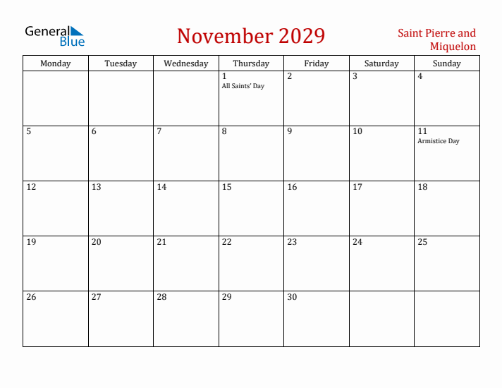 Saint Pierre and Miquelon November 2029 Calendar - Monday Start