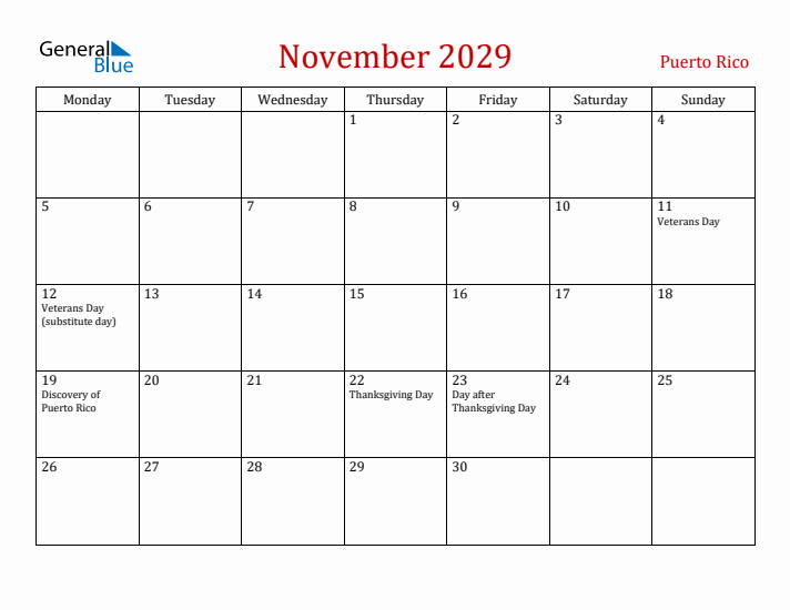 Puerto Rico November 2029 Calendar - Monday Start