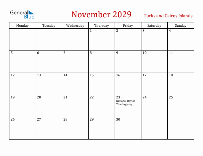 Turks and Caicos Islands November 2029 Calendar - Monday Start