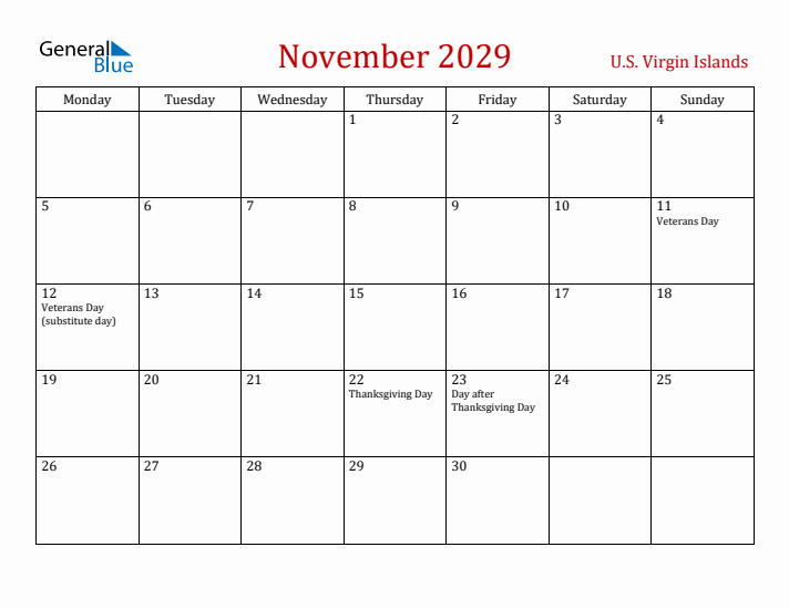 U.S. Virgin Islands November 2029 Calendar - Monday Start