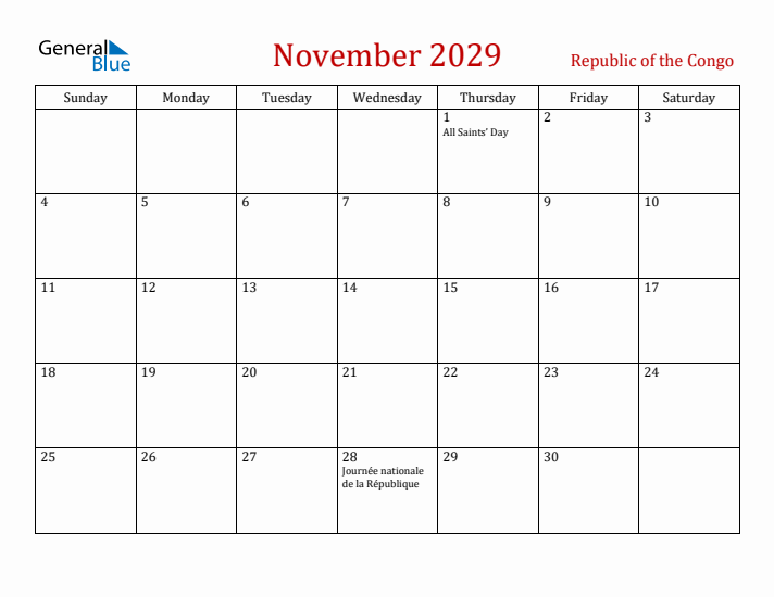 Republic of the Congo November 2029 Calendar - Sunday Start