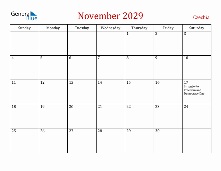 Czechia November 2029 Calendar - Sunday Start