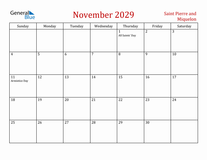Saint Pierre and Miquelon November 2029 Calendar - Sunday Start