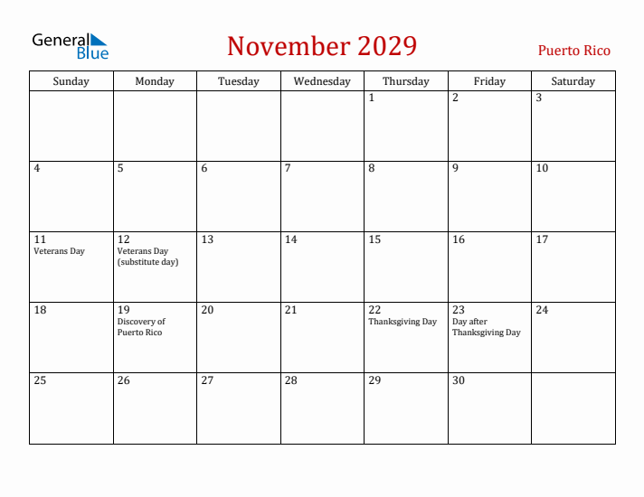 Puerto Rico November 2029 Calendar - Sunday Start