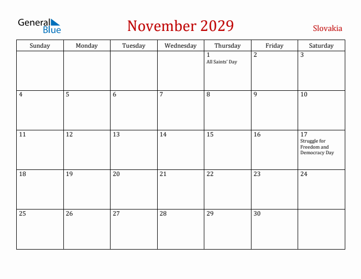 Slovakia November 2029 Calendar - Sunday Start