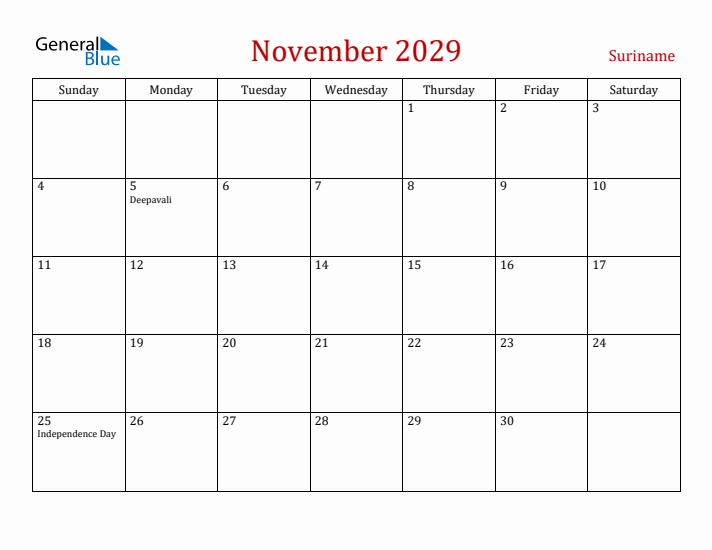 Suriname November 2029 Calendar - Sunday Start