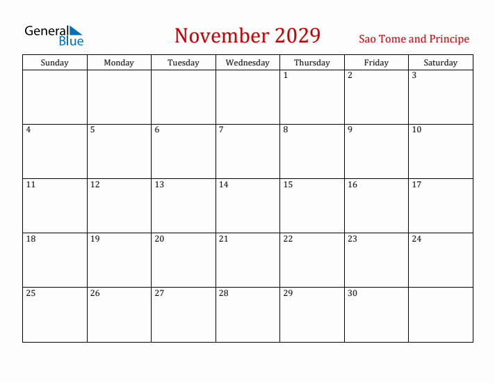 Sao Tome and Principe November 2029 Calendar - Sunday Start