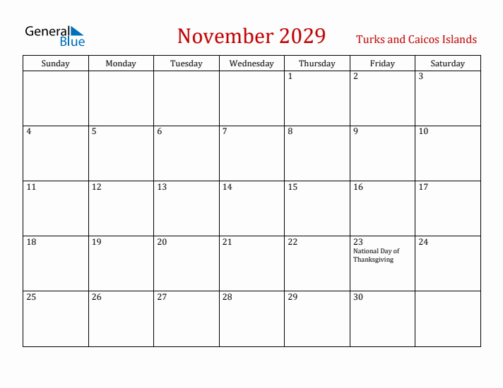 Turks and Caicos Islands November 2029 Calendar - Sunday Start