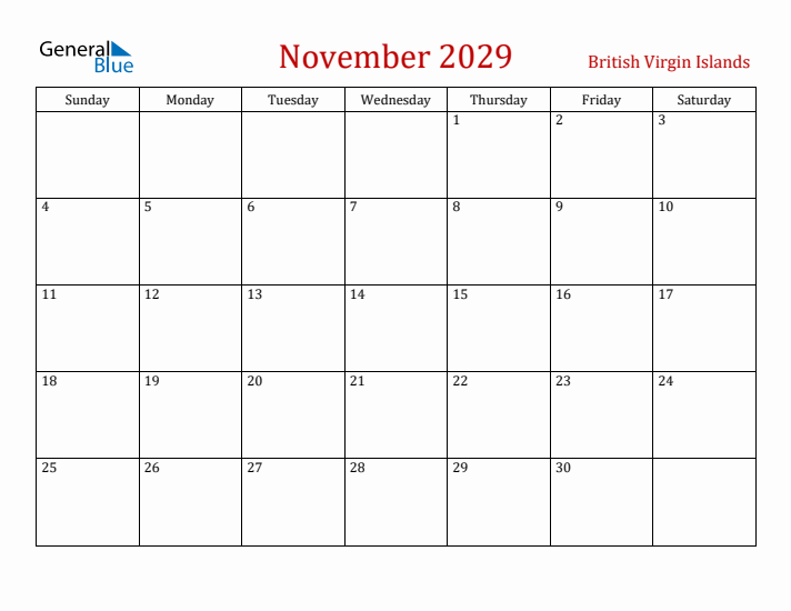 British Virgin Islands November 2029 Calendar - Sunday Start