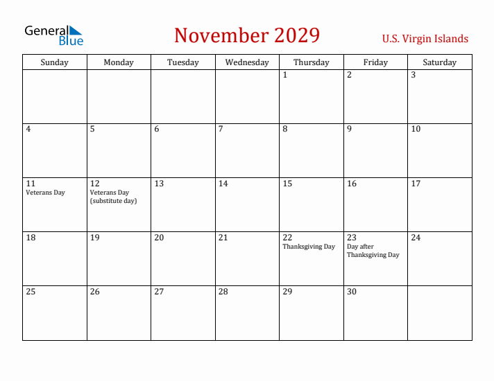 U.S. Virgin Islands November 2029 Calendar - Sunday Start