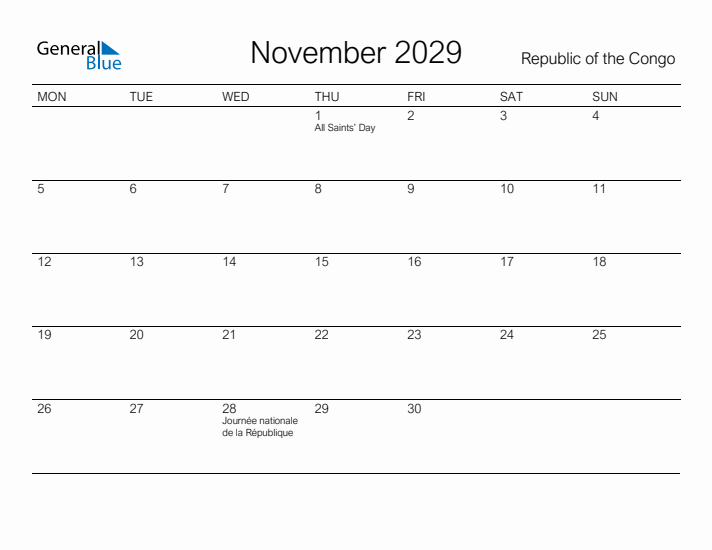 Printable November 2029 Calendar for Republic of the Congo