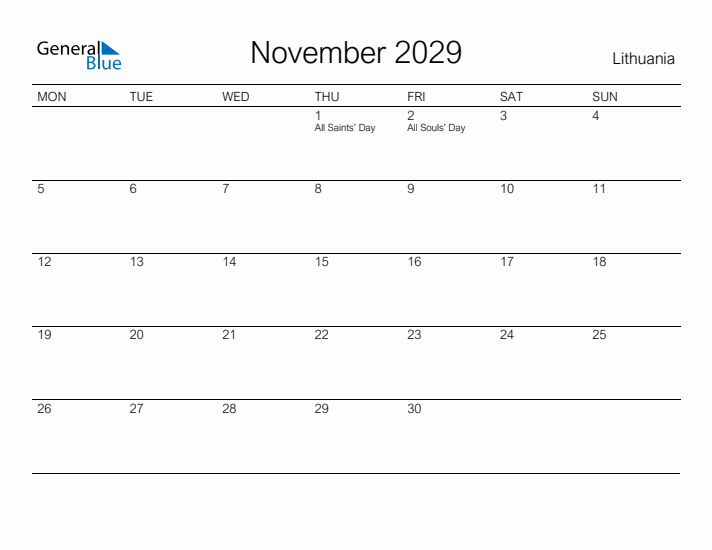 Printable November 2029 Calendar for Lithuania