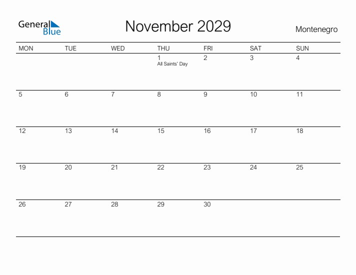 Printable November 2029 Calendar for Montenegro