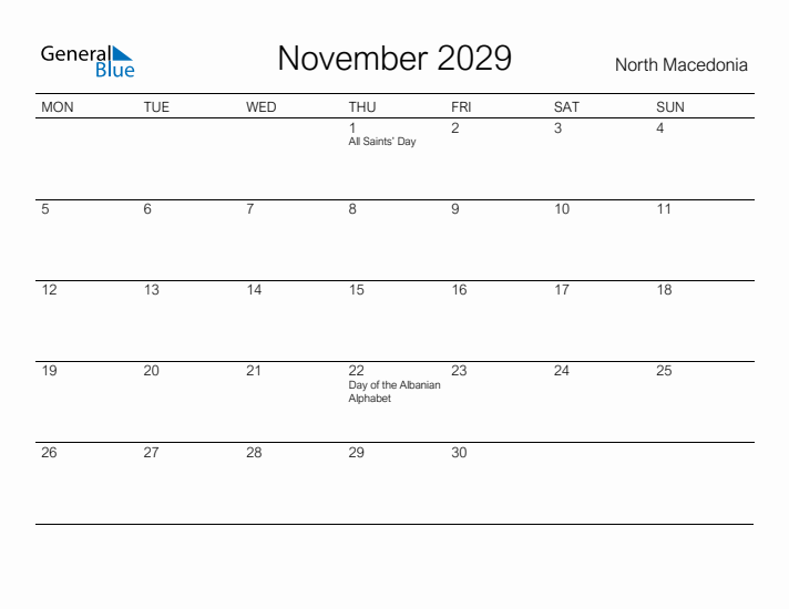 Printable November 2029 Calendar for North Macedonia
