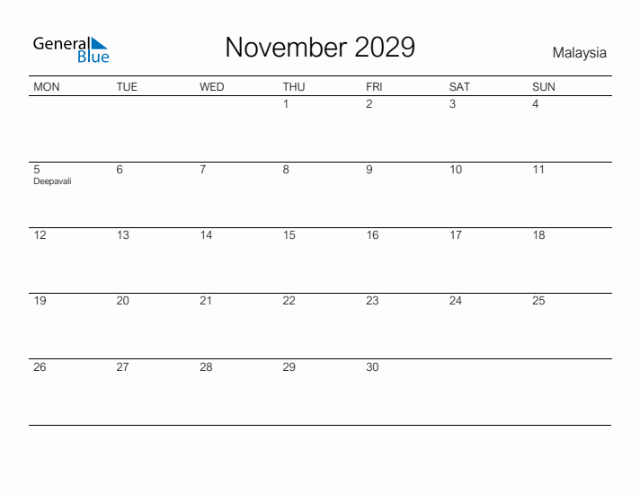 Printable November 2029 Calendar for Malaysia