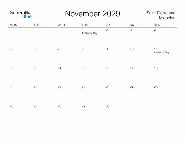 Printable November 2029 Calendar for Saint Pierre and Miquelon