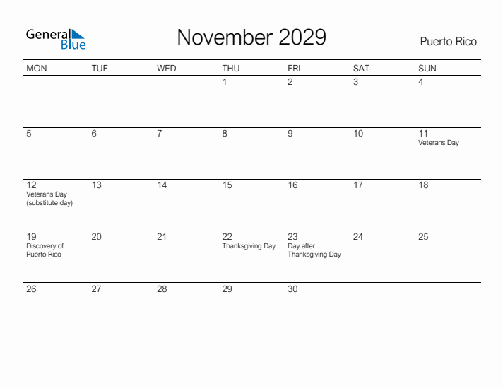 Printable November 2029 Calendar for Puerto Rico