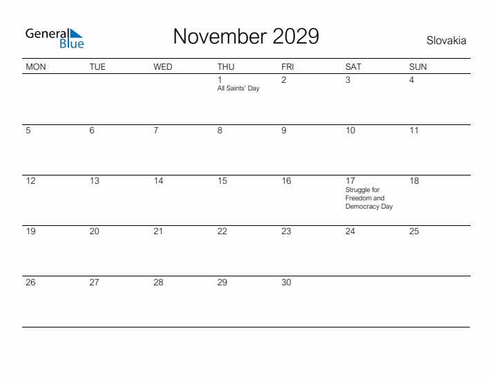 Printable November 2029 Calendar for Slovakia