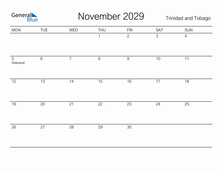Printable November 2029 Calendar for Trinidad and Tobago