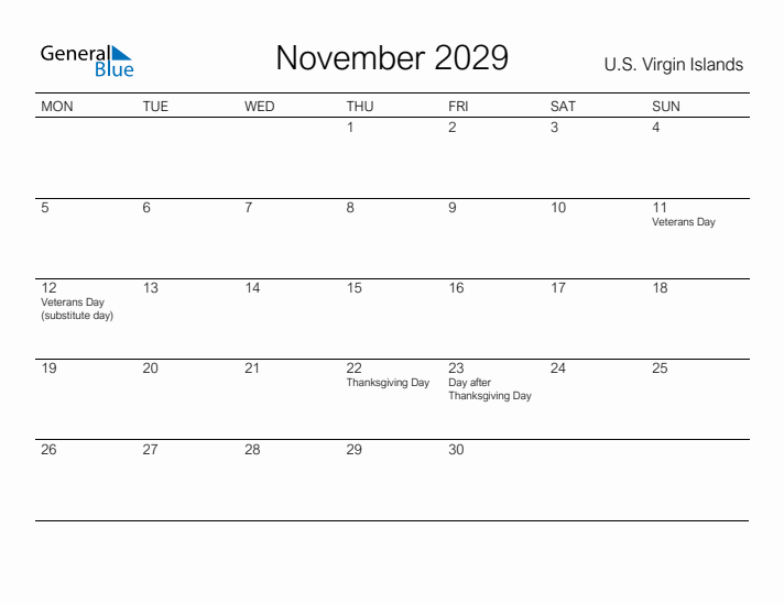 Printable November 2029 Calendar for U.S. Virgin Islands