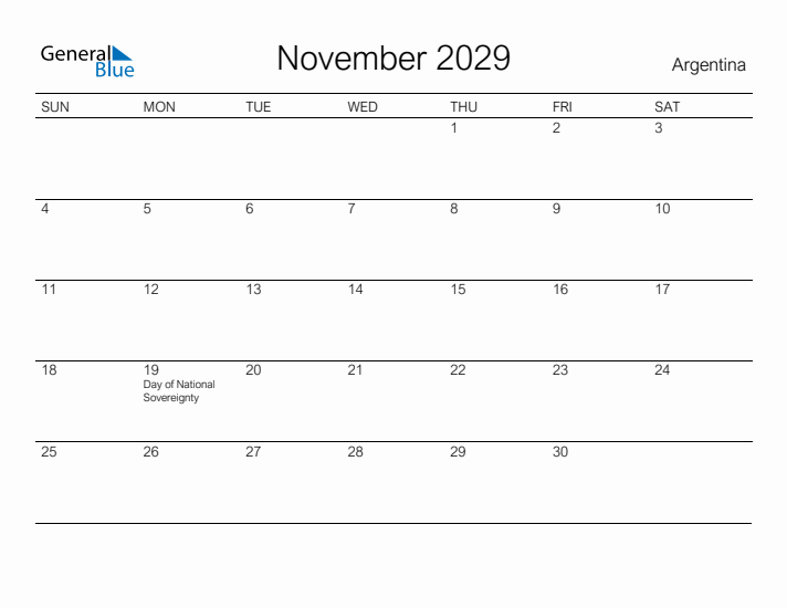 Printable November 2029 Calendar for Argentina