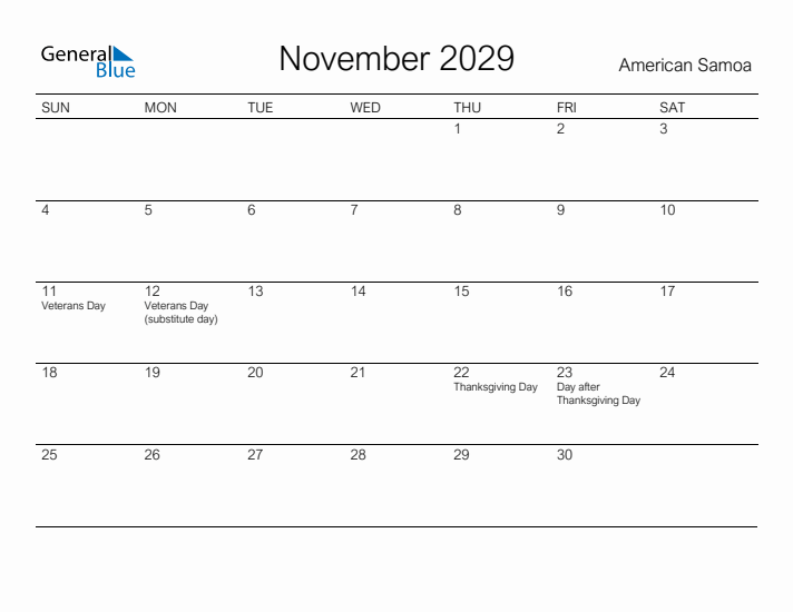 Printable November 2029 Calendar for American Samoa