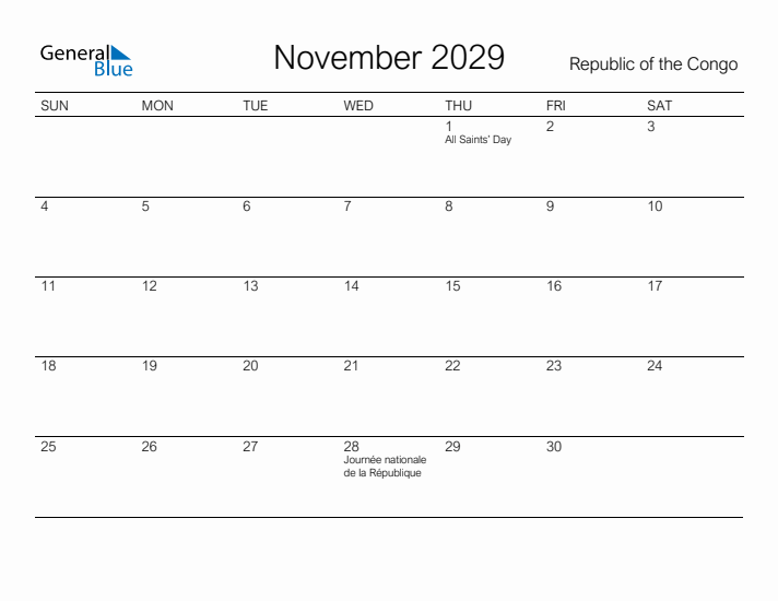 Printable November 2029 Calendar for Republic of the Congo