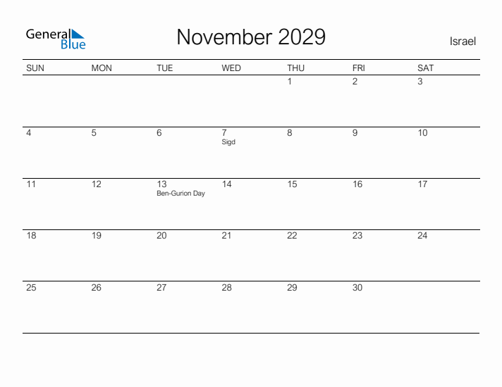 Printable November 2029 Calendar for Israel