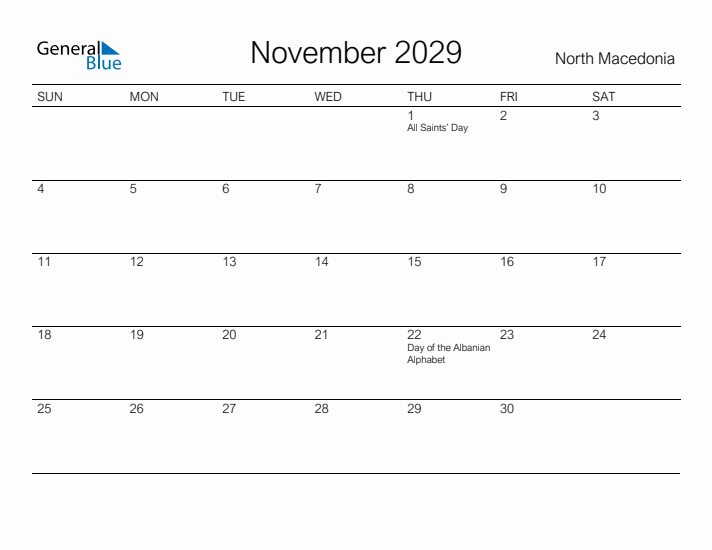 Printable November 2029 Calendar for North Macedonia