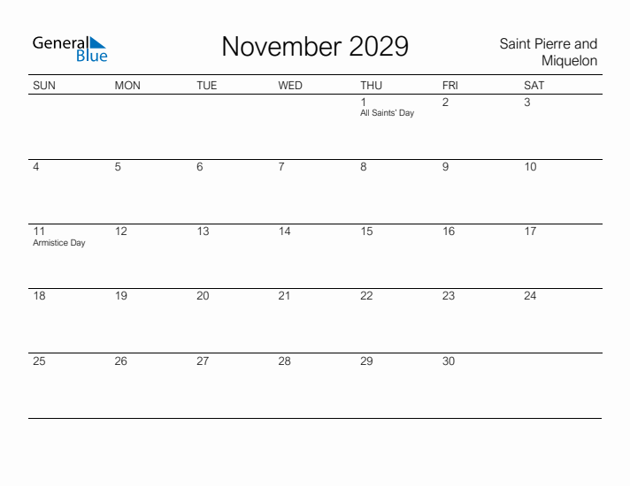 Printable November 2029 Calendar for Saint Pierre and Miquelon
