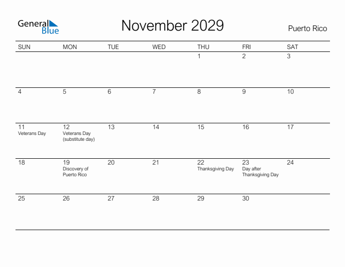 Printable November 2029 Calendar for Puerto Rico