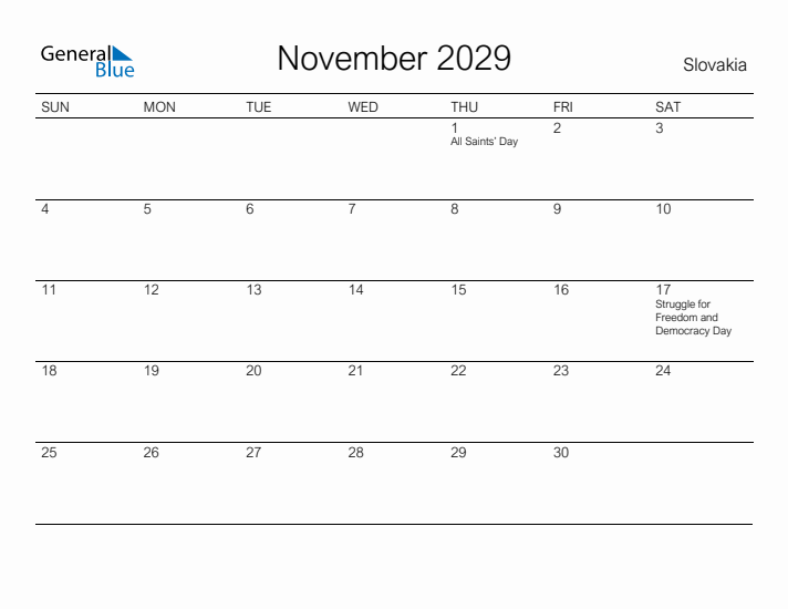 Printable November 2029 Calendar for Slovakia