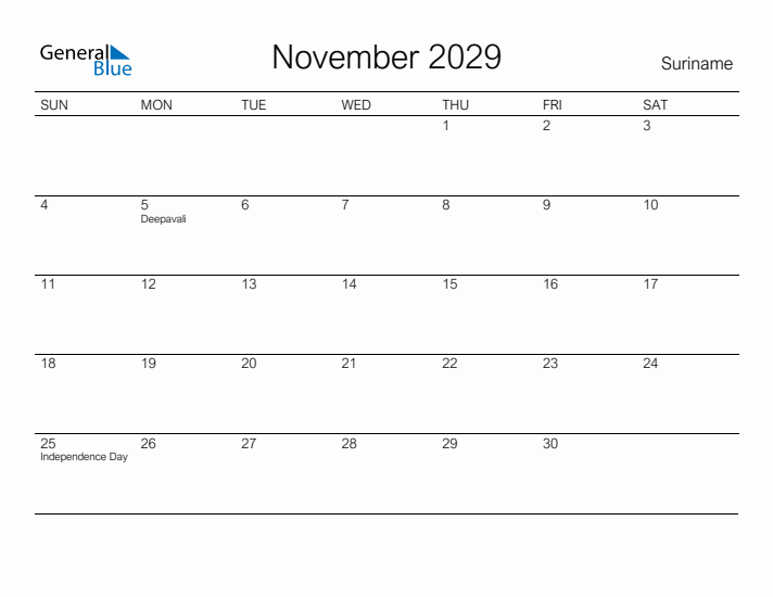 Printable November 2029 Calendar for Suriname