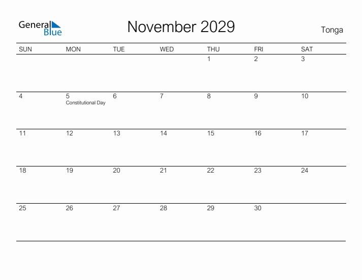 Printable November 2029 Calendar for Tonga