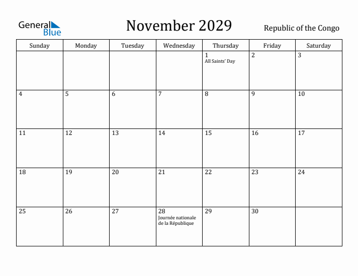 November 2029 Calendar Republic of the Congo