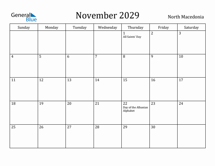 November 2029 Calendar North Macedonia