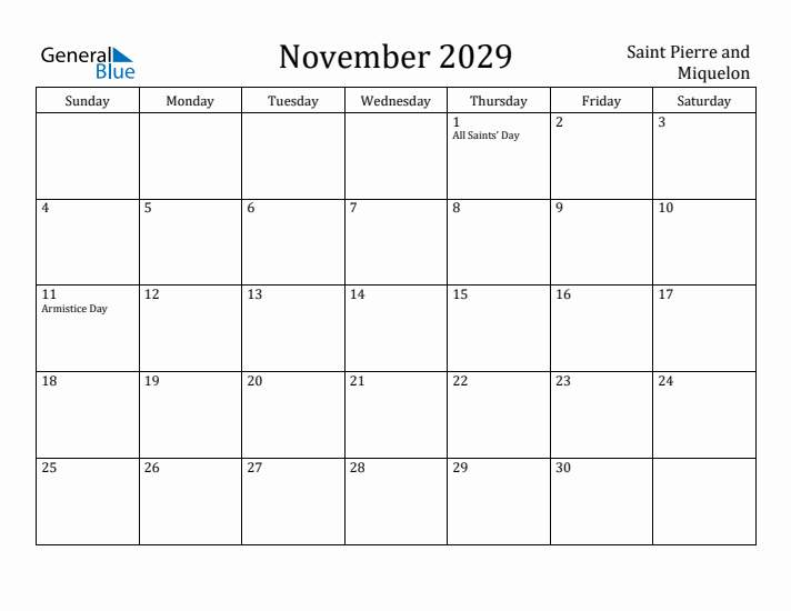 November 2029 Calendar Saint Pierre and Miquelon
