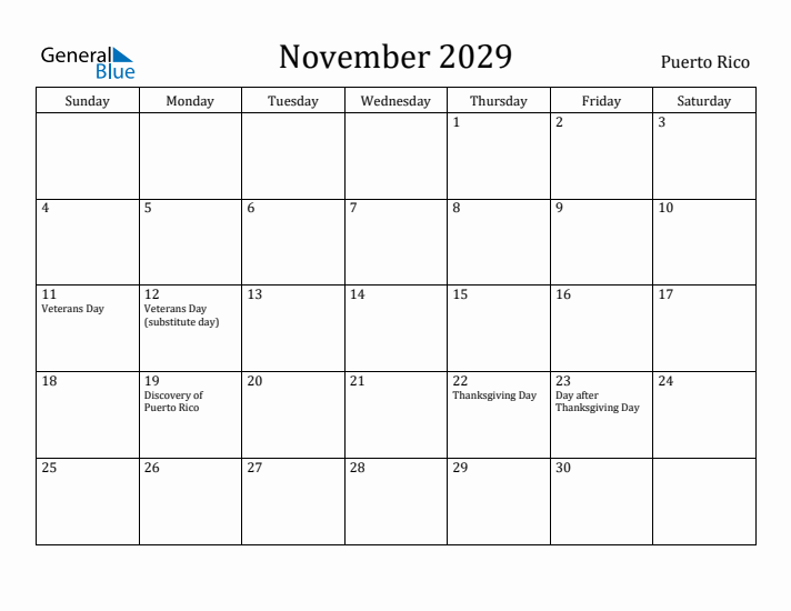 November 2029 Calendar Puerto Rico
