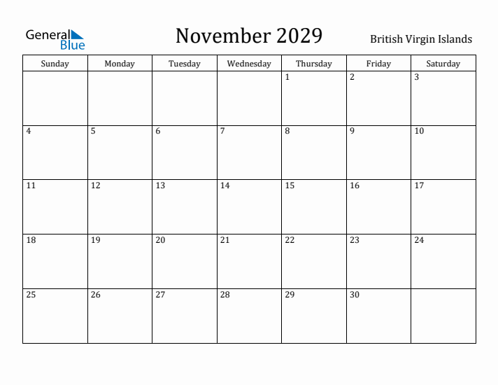 November 2029 Calendar British Virgin Islands