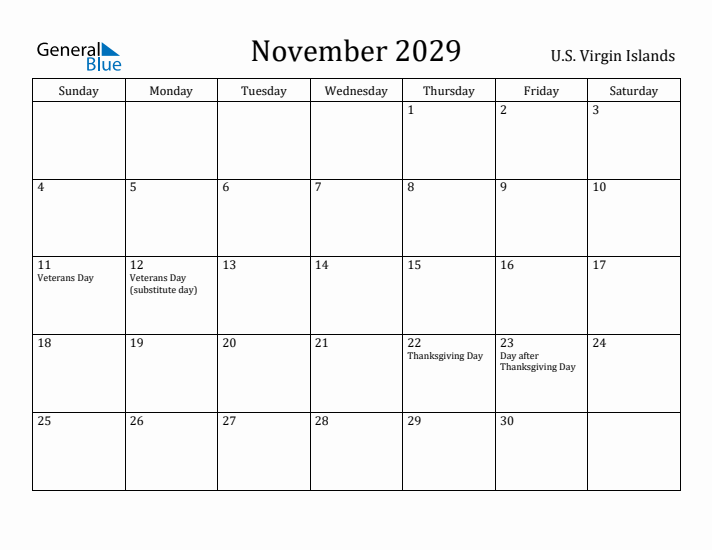 November 2029 Calendar U.S. Virgin Islands