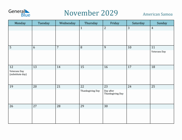 November 2029 Calendar with Holidays