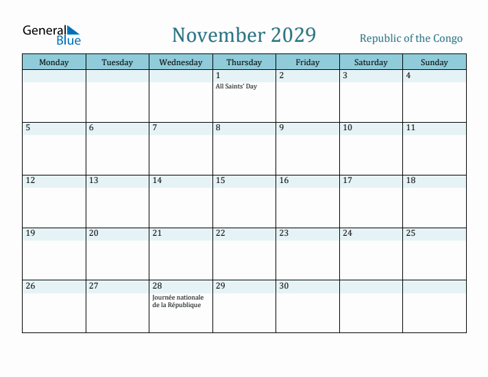 November 2029 Calendar with Holidays