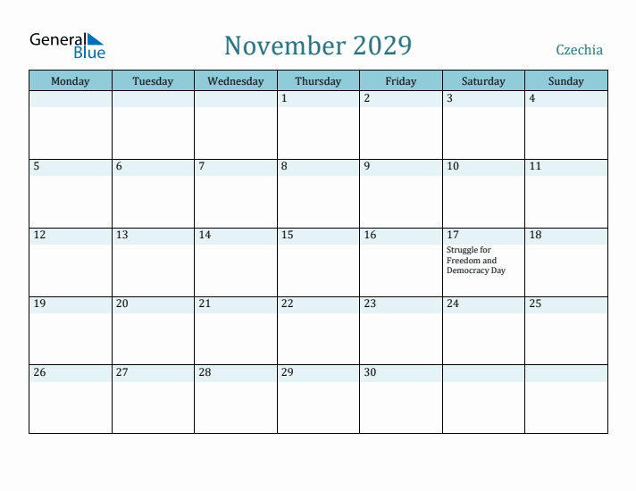 November 2029 Calendar with Holidays